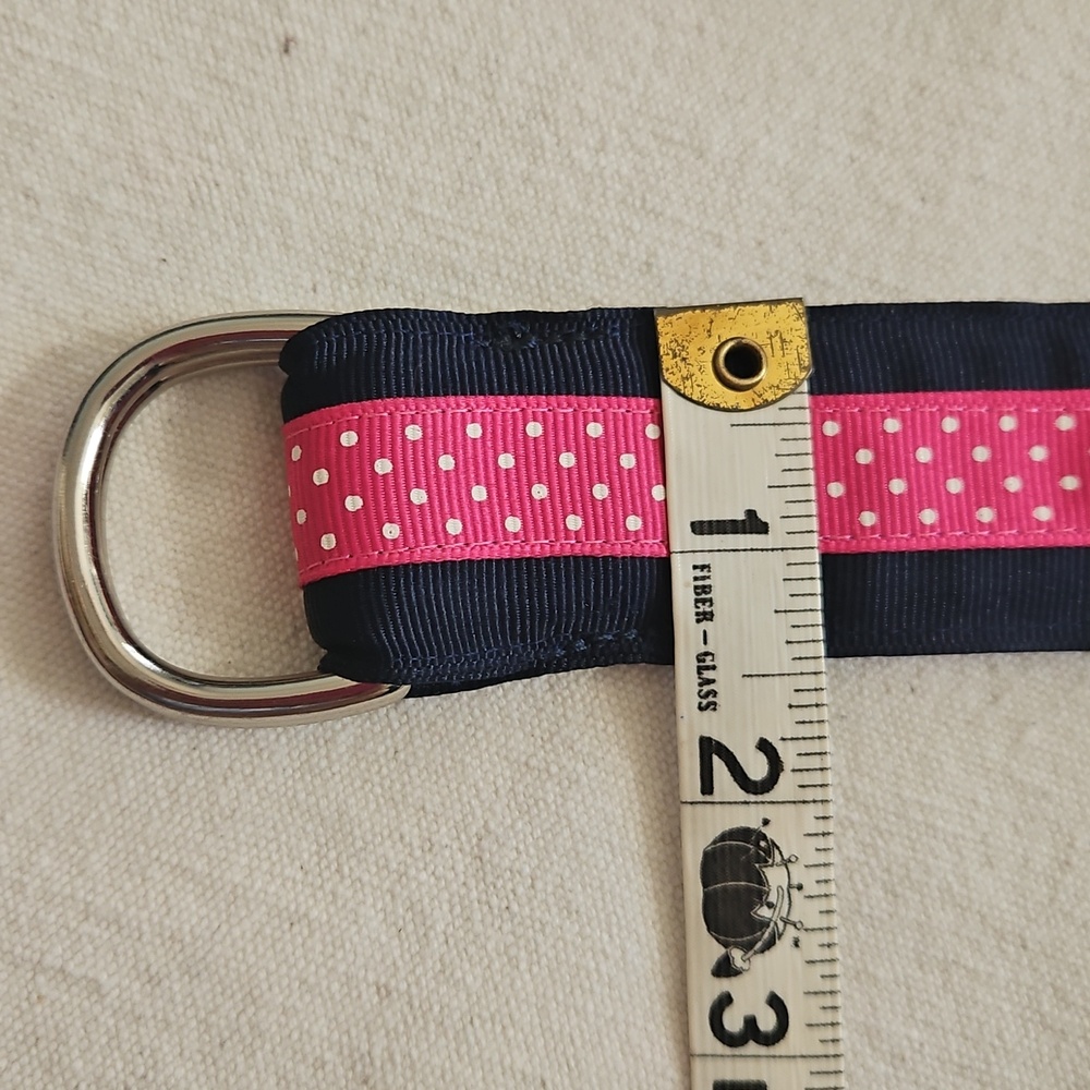 Leather Man Navy And Pink Polka Dot Grosgrain D Ring Women's Belt - Picture 3 of 5
